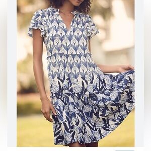 Cecillia Peterson Anthropologie Blue Print Dress Large